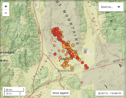 Image: Mainshock and aftershock locations shortly after M7.1 event, exhibiting a distinctive “T” pattern created by two perpendicular fault zones. The M6.4 event ruptured along the NE-SW trending fault, and the subsequent M7.1 event ruptured along the NW-SE trending fault. (Credit: USGS. Public domain.)