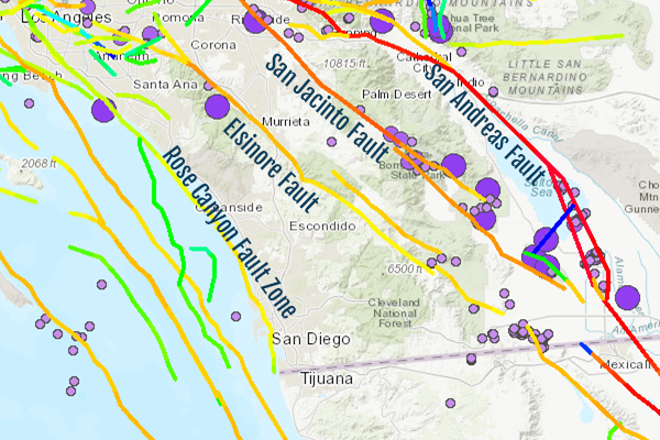 Image: Map of San Diego showing the four major fault lines: Rose Canyon, San Andreas, Elsinore, and San Jacinto
