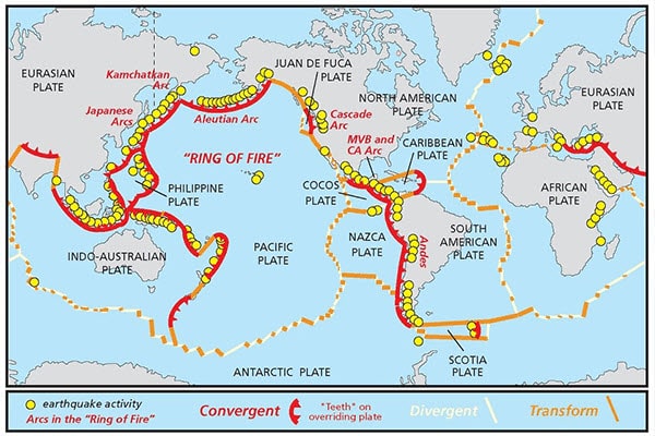 Tectonic plates map showing the ring of fire