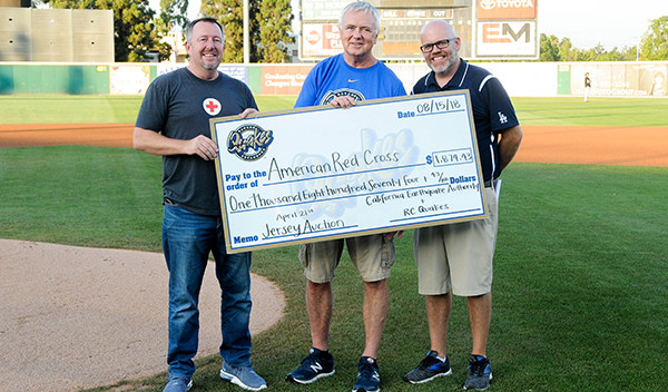 Image: Jon Myers, American Red Cross Los Angeles Region; Glenn Pomeroy, CEA; and Grant Riddle, Rancho Cucamonga Quakes