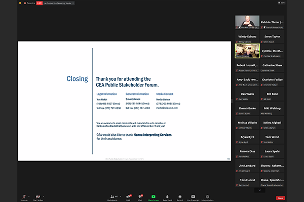 Image: CEA thanking participants for attending its first-ever Public Forum on November 9, 2021. From top right: Marlene Gaines, American Sign Language interpreter; Glenn Pomeroy, California Earthquake Authority CEO.