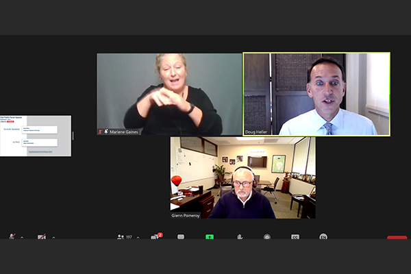 Image: A consumer group representative sharing opinion and options for CEA’s business during first Public Forum on November 9, 2021. Clockwise from left: Marlene Gaines, American Sign Language interpreter; Doug Heller, Consumer Federation of America; Glenn Pomeroy, California Earthquake Authority CEO.