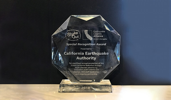 Image: Award presented by the Earthquake Country Alliance to the CEA