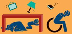 Illustration of earthquake safety: one person under a table, another shielding head in a wheelchair
