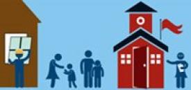 Families and children gathering outside a school after an emergency.