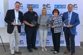 Chris Nance, CEA; Michael Ramirez, San Bernardino County Fire Office of Emergency Services; Bunni Benaron, The Hero In You Foundation; Margaret Vinci, Caltech; Dean Reese, Ready America, receive awards during the 10th Anniversary Ceremony of the Great California ShakeOut in Long Beach, CA on Nov. 1.