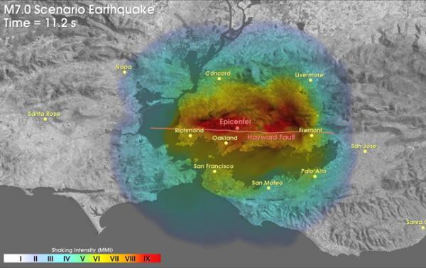 This scenario shows the ground shaking for a magnitude 7.0 earthquake on the Hayward fault with the epicenter in Oakland, California